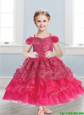 Exquisite Spaghetti Straps Cap Sleeves Little Girl Pageant Dress with Lace and Ruffled Layers