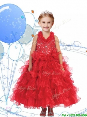 Latest Halter Top Beading and Ruffled Layers Little Girl Pageant Dress in Hot Pink