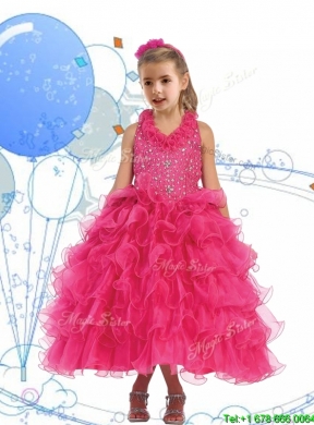 Latest Halter Top Beading and Ruffled Layers Little Girl Pageant Dress in Hot Pink