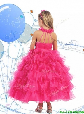 Latest Halter Top Beading and Ruffled Layers Little Girl Pageant Dress in Hot Pink