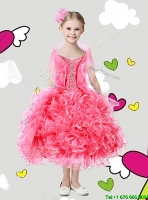 Lovely Spaghetti Straps Girls Party Dress with Beading and Rolling Flowers