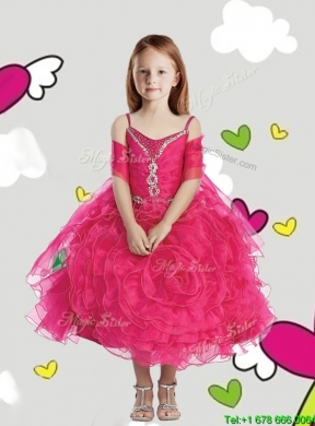 Lovely Spaghetti Straps Girls Party Dress with Beading and Rolling Flowers