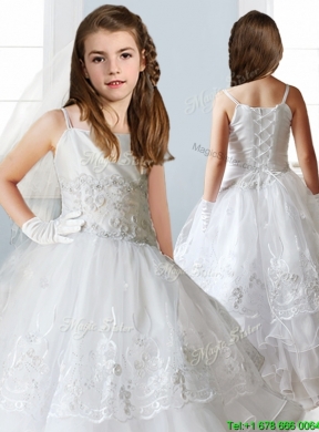 Luxurious White Spaghetti Straps Girls Party Dress with Appliques and Ruffled Layers