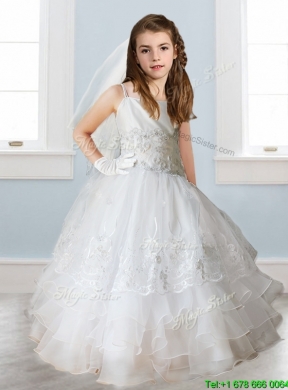 Luxurious White Spaghetti Straps Girls Party Dress with Appliques and Ruffled Layers