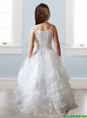 Luxurious White Spaghetti Straps Girls Party Dress with Appliques and Ruffled Layers