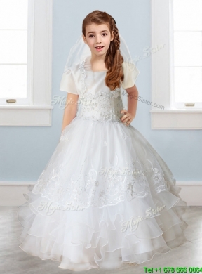 Luxurious White Spaghetti Straps Girls Party Dress with Appliques and Ruffled Layers