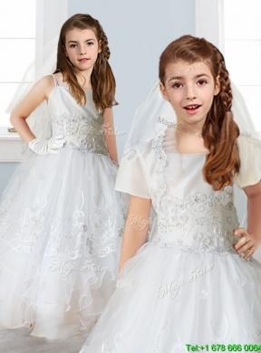 Luxurious White Spaghetti Straps Girls Party Dress with Appliques and Ruffled Layers