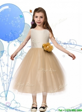 New Scoop Champagne Girls Party Dress with Hand Made Flowers and Bowknot