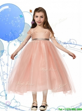 Perfect Square Cap Sleeves Sashes Girls Party Dress in Peach