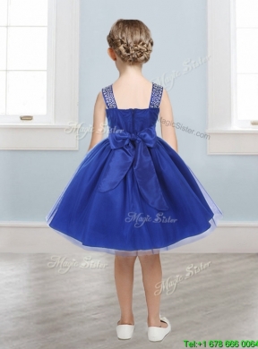 Perfect Straps Royal Blue Girls Party Dress with Beading and Bowknot