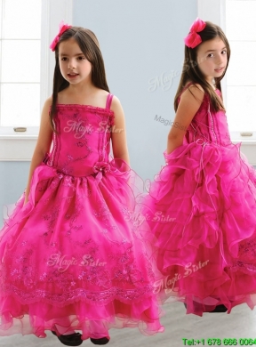 Popular Spaghetti Straps Lace and Ruffled Layers Girls Party Dress in Hot Pink