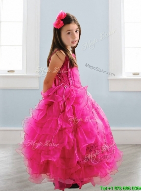 Popular Spaghetti Straps Lace and Ruffled Layers Girls Party Dress in Hot Pink