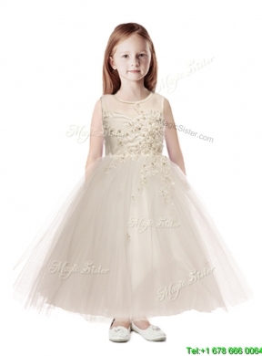 See Through Scoop Appliques Little Girls Pageant Dress in Champagne