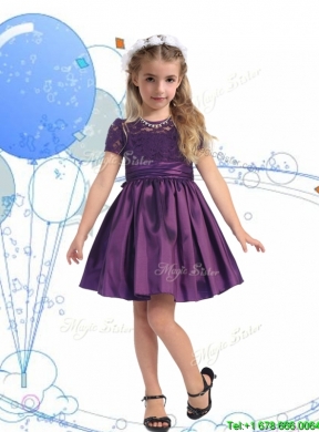 See Through Scoop Purple Little Girl Pageant Dress with Lace and Belt