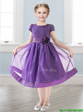 Wonderful Scoop Short Sleeves Girls Party Dress with Appliques and  Lace