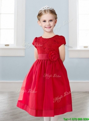 Wonderful Scoop Short Sleeves Girls Party Dress with Appliques and  Lace