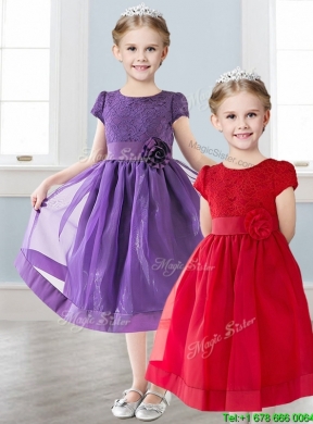 Wonderful Scoop Short Sleeves Girls Party Dress with Appliques and  Lace