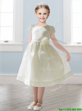 Wonderful Scoop Short Sleeves Girls Party Dress with Appliques and  Lace