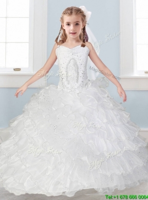 Affordable Spaghetti Straps Flower Girl Dress with Ruffled Layers and Embroidery