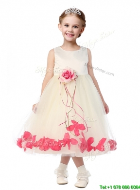 Best Scoop Girls Party Dress with Red Hand Made Flowers