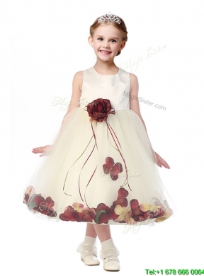 Best Scoop Girls Party Dress with Red Hand Made Flowers