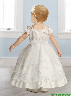 Best Spaghetti Straps Cap Sleeves Flower Girl Dress with Lace and Beading