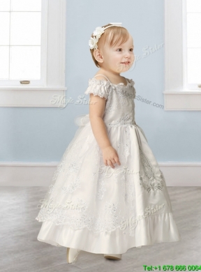 Best Spaghetti Straps Cap Sleeves Flower Girl Dress with Lace and Beading