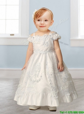 Best Spaghetti Straps Cap Sleeves Flower Girl Dress with Lace and Beading