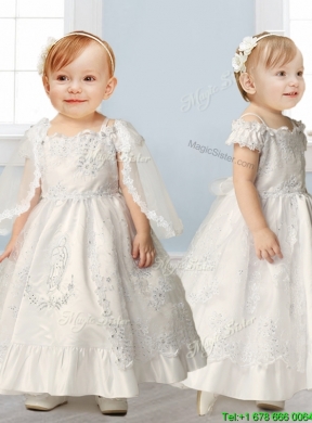 Best Spaghetti Straps Cap Sleeves Flower Girl Dress with Lace and Beading