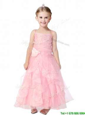 Cheap Spaghetti Straps Flower Girl Dress with Hand Made Flowers and Ruffles