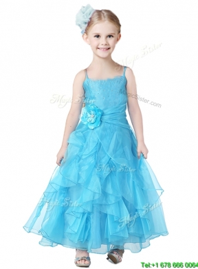 Cheap Spaghetti Straps Flower Girl Dress with Hand Made Flowers and Ruffles