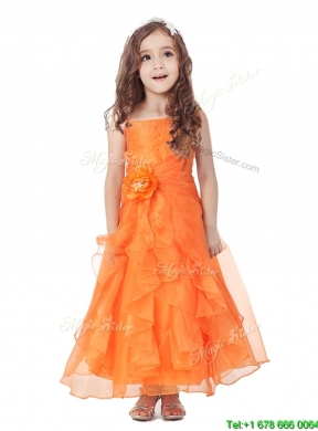 Cheap Spaghetti Straps Flower Girl Dress with Hand Made Flowers and Ruffles