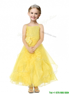 Cheap Spaghetti Straps Flower Girl Dress with Hand Made Flowers and Ruffles