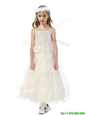 Cheap Spaghetti Straps Flower Girl Dress with Hand Made Flowers and Ruffles