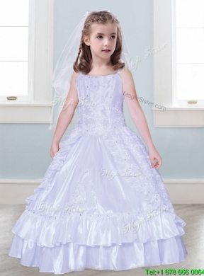 Classical Spaghetti Straps Taffeta Flower Girl Dress with Beading and Lace