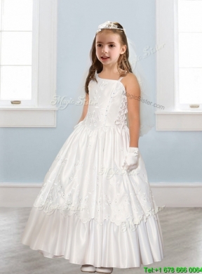 Discount Asymmetrical Neckline White Flower Girl Dress with Appliques