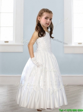 Discount Asymmetrical Neckline White Flower Girl Dress with Appliques