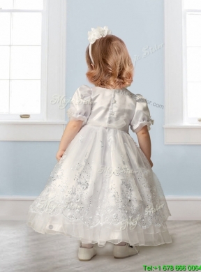 Discount Scoop Short Sleeves Flower Girl Dress with Embroidery and Lace