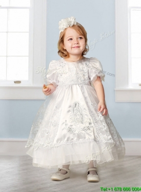 Discount Scoop Short Sleeves Flower Girl Dress with Embroidery and Lace