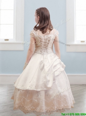 Fashionable Bateau Cap Sleeves Champagne Flower Girl Dress with Lace and Belt