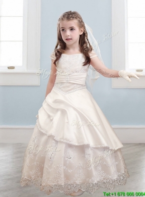 Fashionable Bateau Cap Sleeves Champagne Flower Girl Dress with Lace and Belt