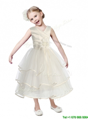 Fashionable V Neck Flower Girl Dress with Hand Made Flowers and Ruffled Layers