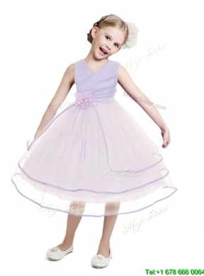 Fashionable V Neck Flower Girl Dress with Hand Made Flowers and Ruffled Layers