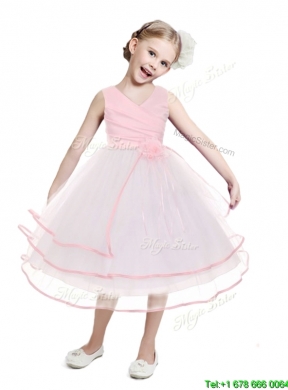 Fashionable V Neck Flower Girl Dress with Hand Made Flowers and Ruffled Layers