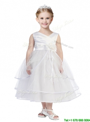 Fashionable V Neck Flower Girl Dress with Hand Made Flowers and Ruffled Layers