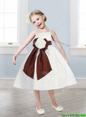 Latest Spaghetti Straps Hand Made Flowers and Sashes Flower Girl Dress in White