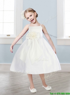 Latest Spaghetti Straps Hand Made Flowers and Sashes Flower Girl Dress in White