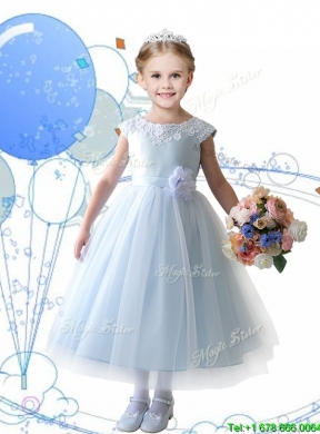 Lovely Scoop Hand Made Flowers and Appliques Girls Party Dress in Baby Pink