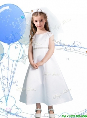 Modest Scoop Cap Sleeves Satin Flower Girl Dress with Sashes