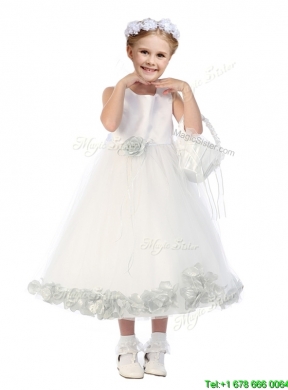 New Style Scoop Hand Made Flowers and Appliques Girls Party Dress in White